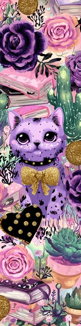 Free kawaii cats bookmark featuring a purple floral cat on stacked books